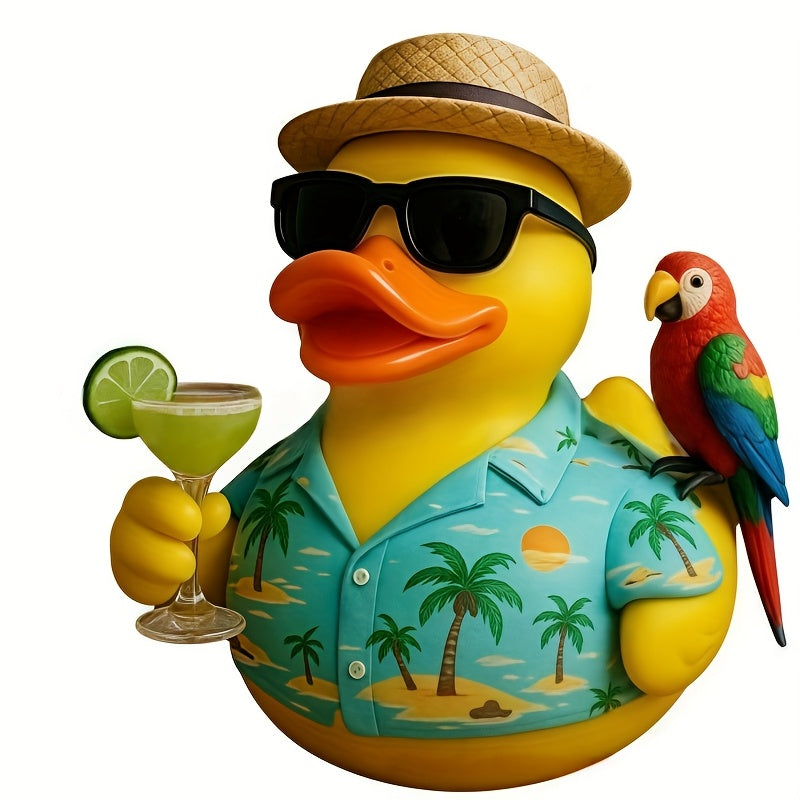 Cute Beach Duck Figurine - Tropical Hawaiian Shirt & Fashion Glasses Design, Resin /Outdoor Decor with Expressive Eyes, Palm Tree Accent - No Needed, Ideal Christmas Gift for, Pool, Beach Decorations (Yellow Duck with Lime Garnish Look)