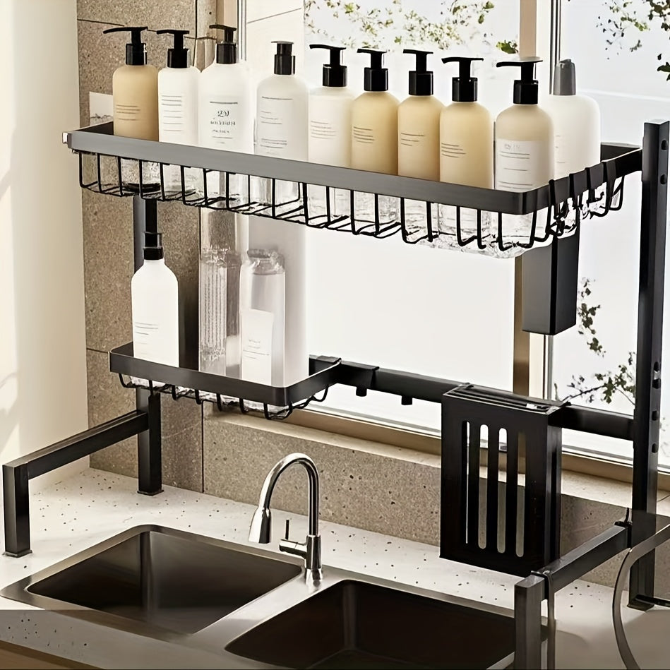 Expandable Multi-Tier Black Kitchen Organizer with Dish Rack, Drainage Tray, Spice Shelf & Towel Holder - Space-Saving Sink Storage for Dishes, Utensils | Durable Black Metal | Dustproof Design, Kitchen Accessories, Kitchen Organizers And Storage