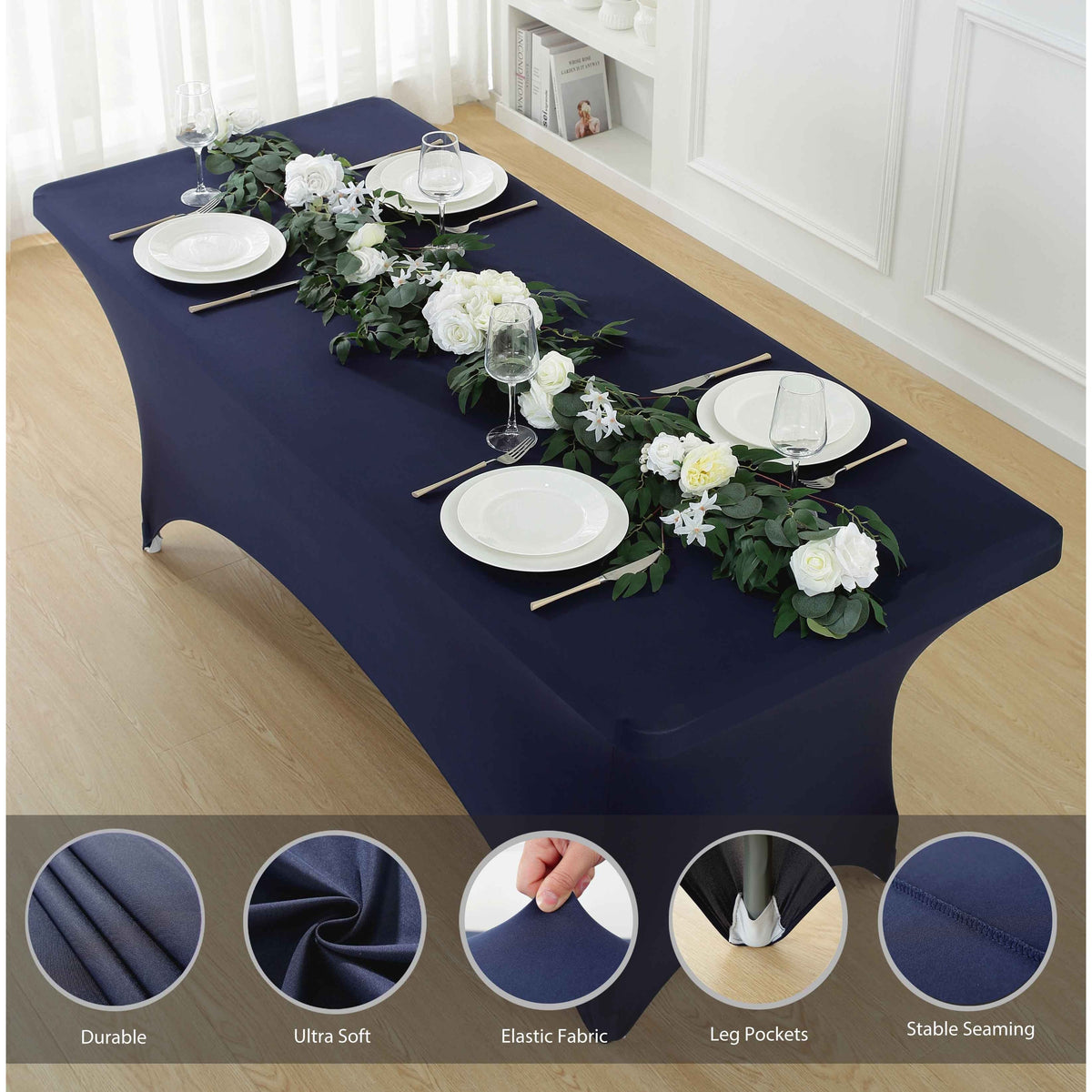 1pcs 4ft/6ft/8ft Spandex Tablecloth, Fitted tablecloth, Wrinkle Resistant Stretchable Rectangle Table Cover For Event, Wedding & Parties