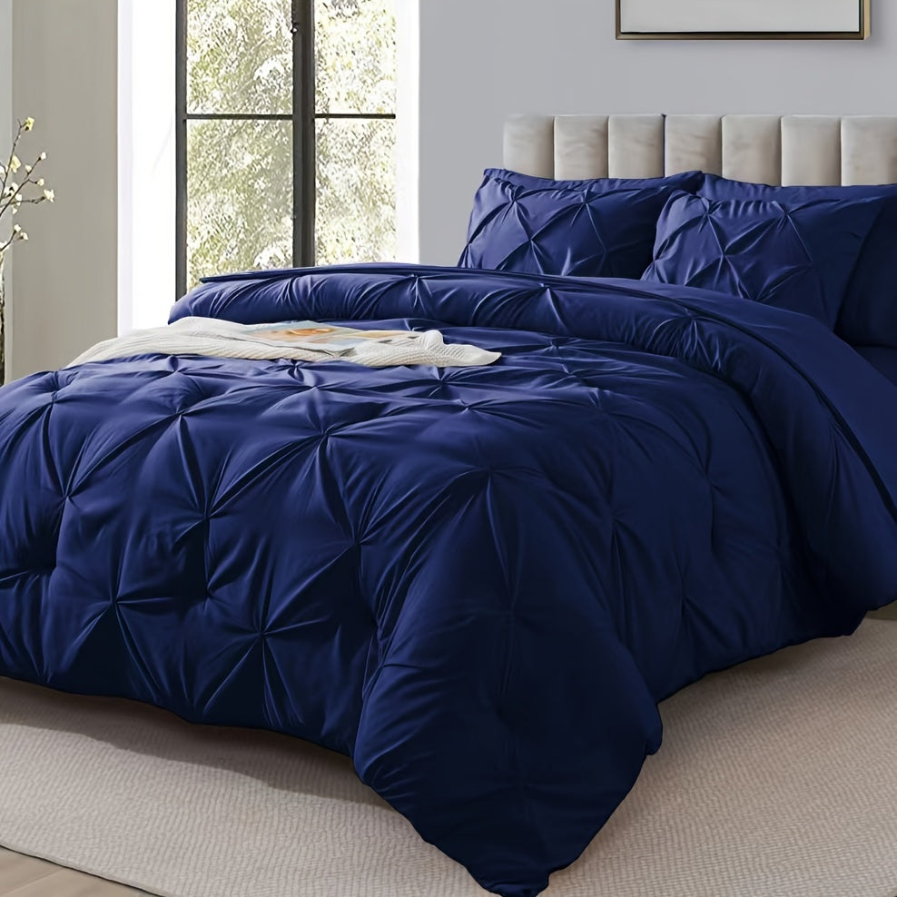 Cosybay 7 Piece Pinch Pleated Comforter Set Queen King Size, Luxury Soft Fluffy Bedding Includes 1 Comforter, 1 Extra Deep Pocket Fitted Sheet, 1 Flat Sheet, 4 Pillowcases & Pillow Covers, Perfect for Halloween Party, Holiday Celebrations & Birthday