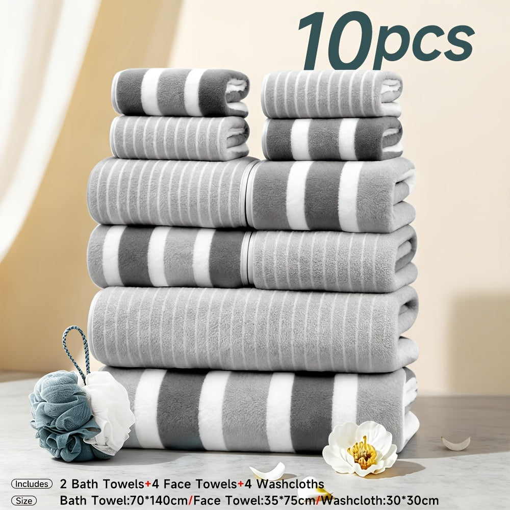10pcs/3pcs/1pc Towel Set, No Hair Loss, Super Water Absorption, Ultra-Soft Microfiber Beach Towels for Adults, Super Soft Five-star Hotel Standard Two-color Striped Interval Bath Towel Combination(11.81x11.81inch, 13.78x29.53inch, 27.56x55.12inch)