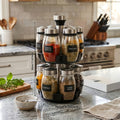 Rotating Spice Rack with Glass Jars, 6 or 12 Seasoning Bottles with Adjustable Dispensing Lids and Single or Double Tier Kitchen Storage Organizer