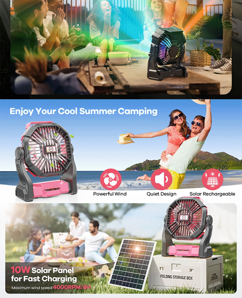 Rechargeable Misting Camping Fan, 20000mAh Portable Outdoor Fan with 4 Speeds, 200ml Water Tank, RGB Lighting and USB Output for Tent and Patio Use
