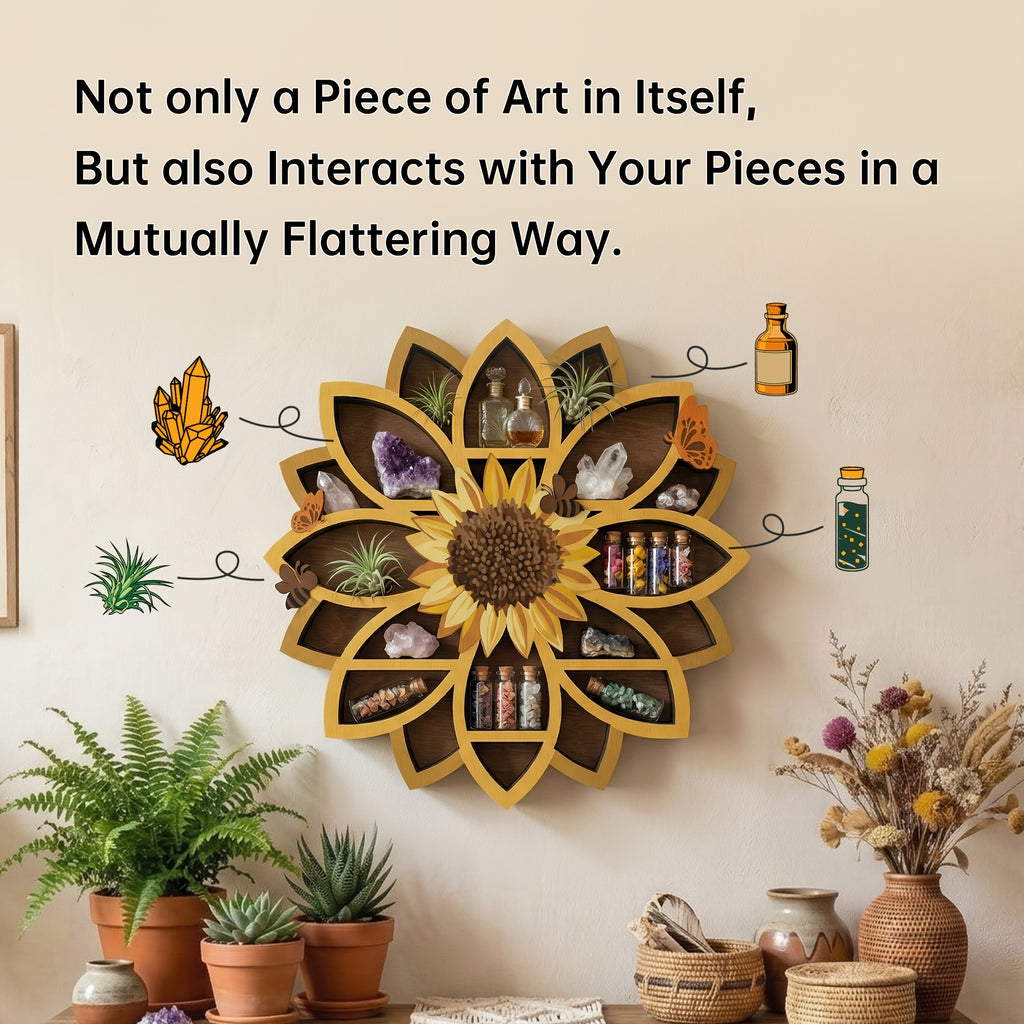 FNYDOXGI 1pc Wooden Sunflower Floating Shelves Wall-Mounted Organizer - UV Printed Spiritual Decor with Gemstones, Essential Oils & Meditation Art, Multi-Functional Storage for Living Room, Meditation Space, Meditation Room Decor, Vibrant Wall Art