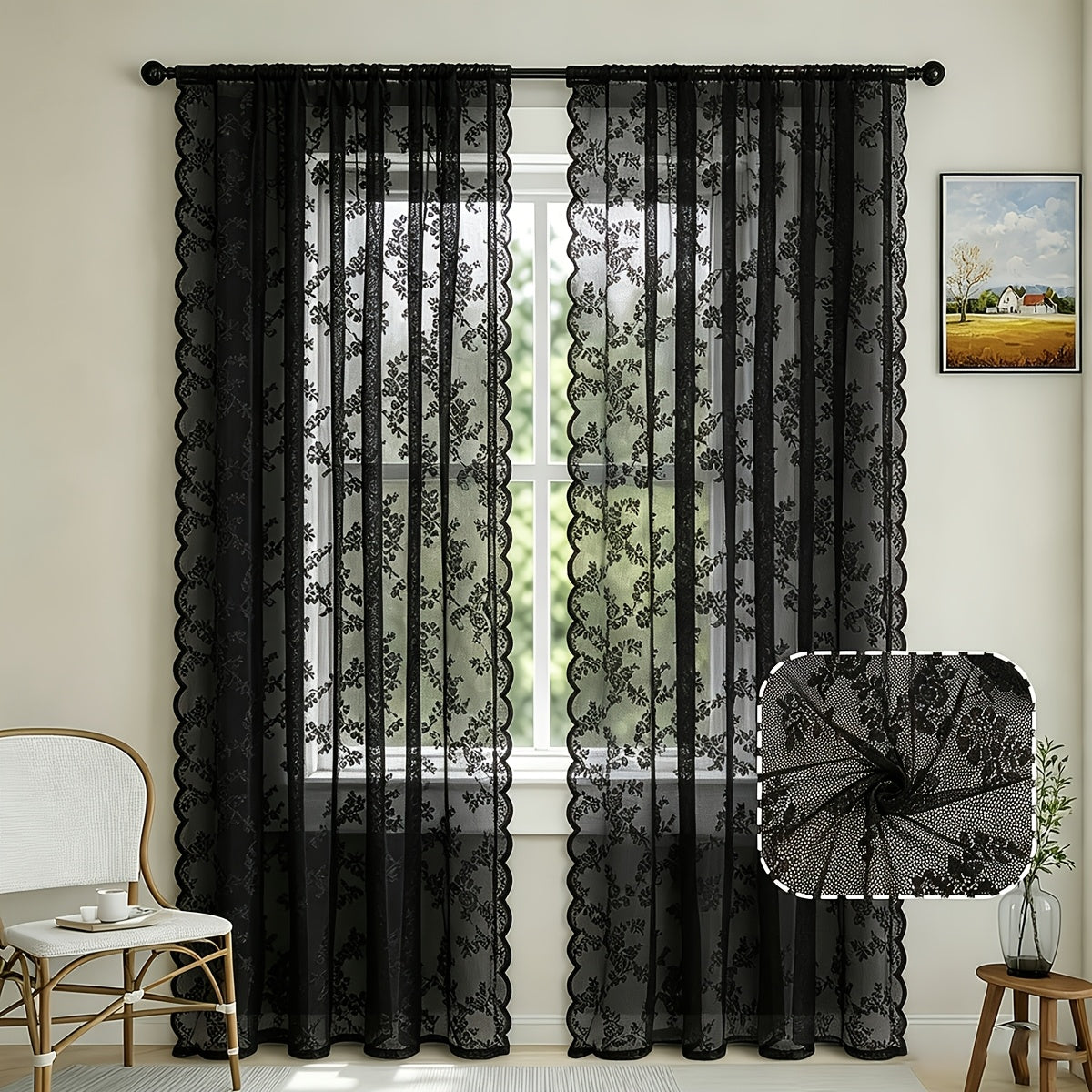Set of Two White Lace Curtains with Floral Designs, Featuring a Bohemian Style And Semi-Transparent Fabric That Filters Sunlight. Suitable for All Seasons