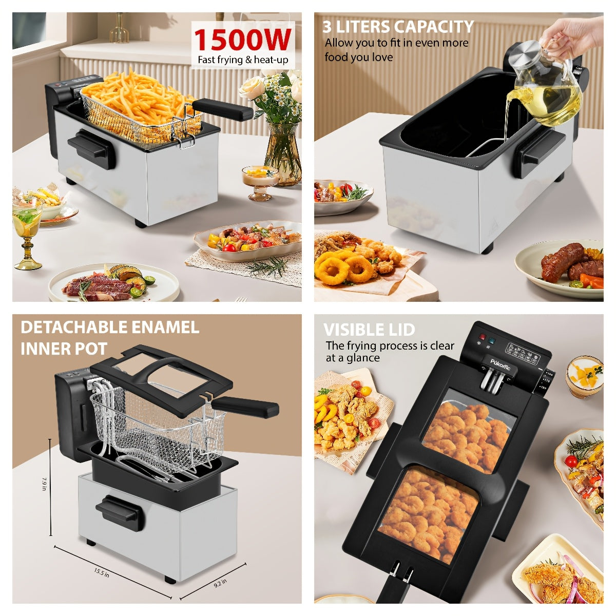 Countertop Deep Fryer for Home, Black Electric Oil Fryer with Adjustable Temperature and 2.5L, 3L, 6L or 1.32 Gallon Options for Family Cooking