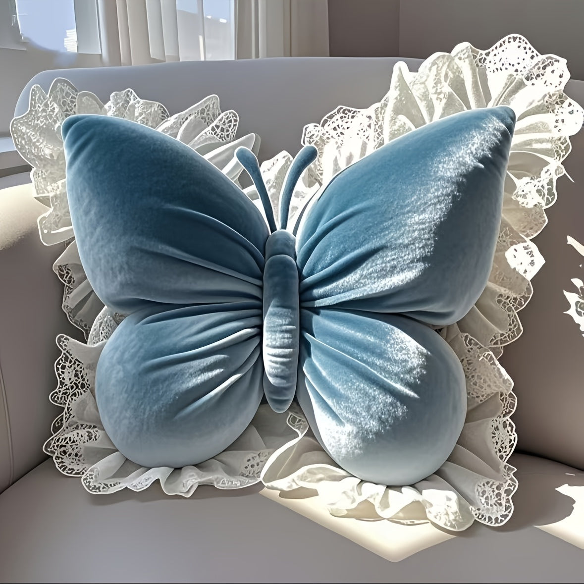 Butterfly-Shaped Decorative Pillow Home Decor Cushion with White Lace Trim Luxurious Velour Fabric And Fill Lumbar Support Cushion for Sofas, Beds, Cars, Offices - Perfect Gift for Women, Housewarming, Christmas, Valentine'S Day Machine Washable