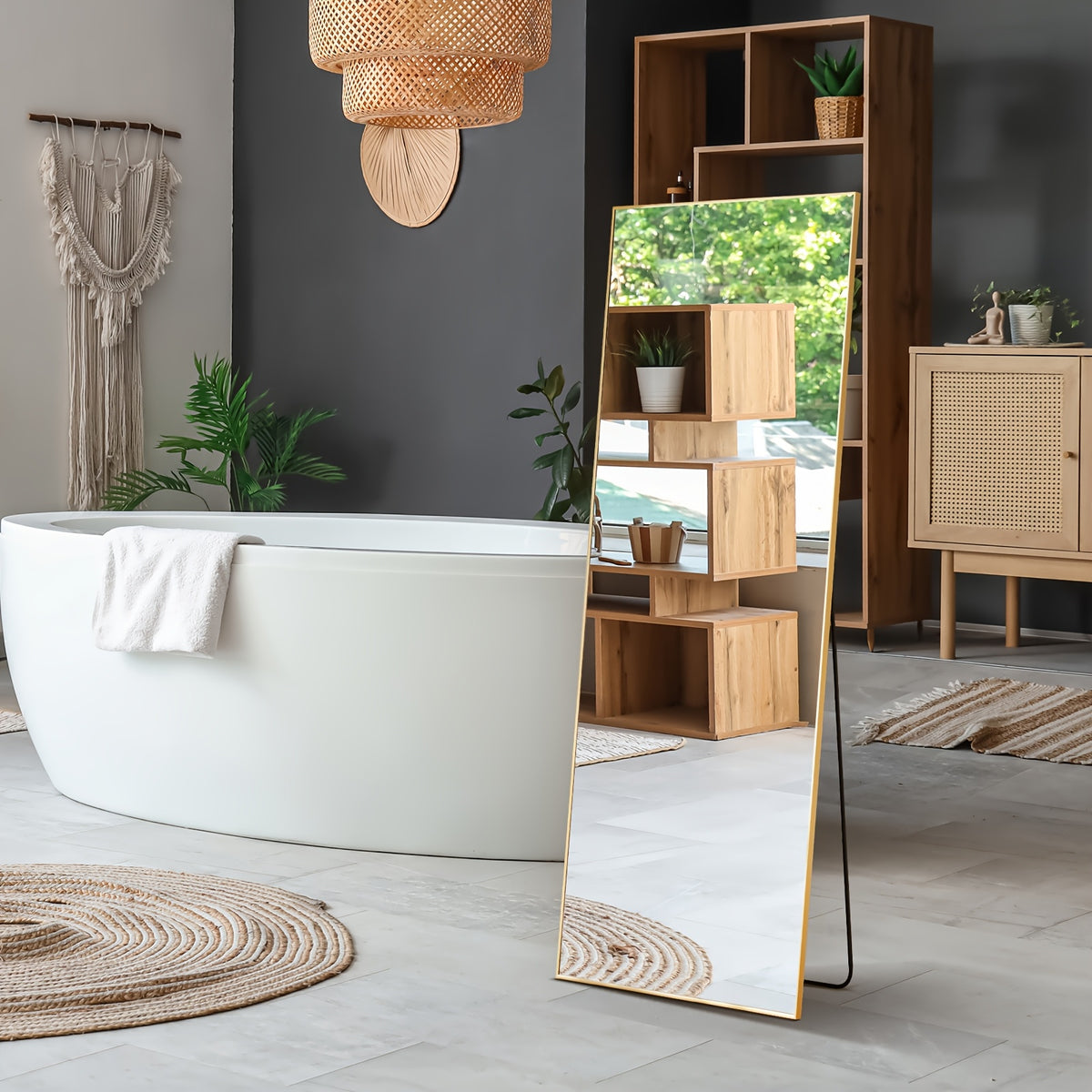 Mirror Full Length, Floor Mirror with Stand, Aluminum Alloy Frame Full Body Mirror, Standing Hanging or Leaning Against Wall for Bedroom and Living Room