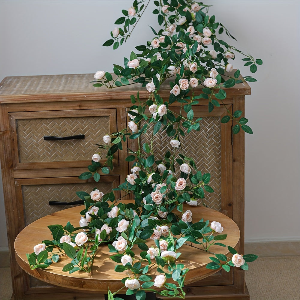 1 Double Pink Rose Vine - Artificial Garland with Richly Layered Petals, Soft Color Transitions, and a Design That Closely Mimics the Form of Real Roses. Paired with Lush Foliage, It Creates a Vibrant, Natural Vitality. Perfectly Blends into French