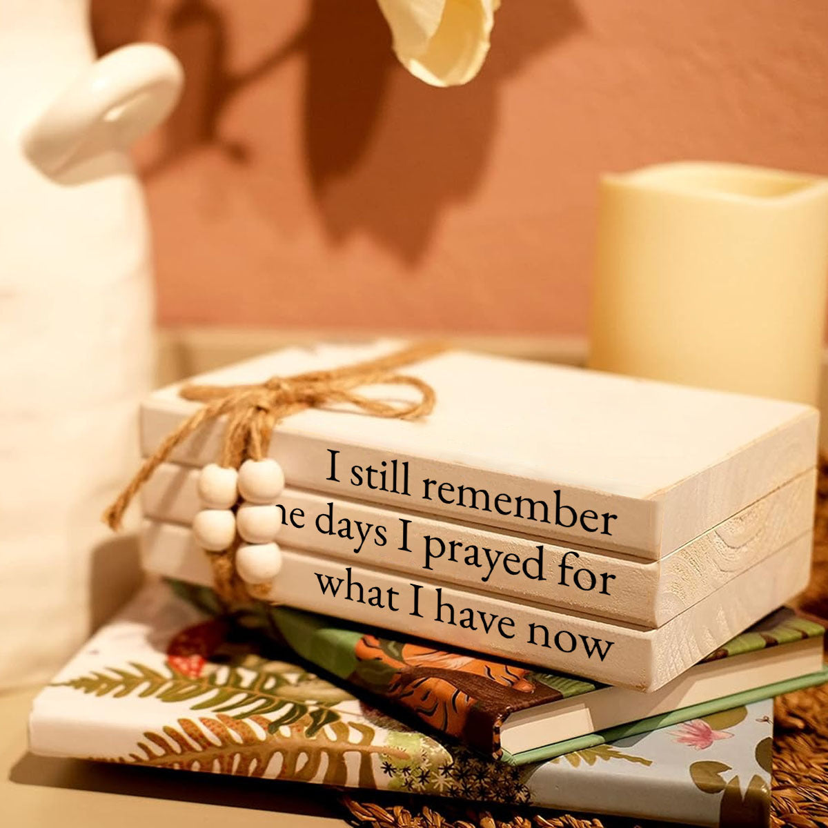 Set of 3 White Wooden Decorative Books, Rustic Farmhouse Style Book Stack, Faux Books for Coffee Table Shelves with Wooden Bead Tassels, Ideal for Contemporary Home Decoration