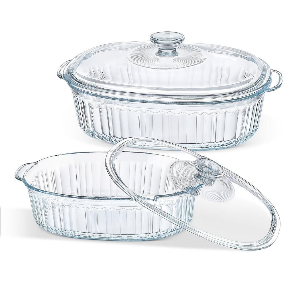 Elegant Glass Casserole with Lid Set | Oval Roaster, Transparent Covered Cookware, 50oz & 85oz | Oven & Microwave Safe, for Baking, Cooking, Desserts, Chicken, Pasta