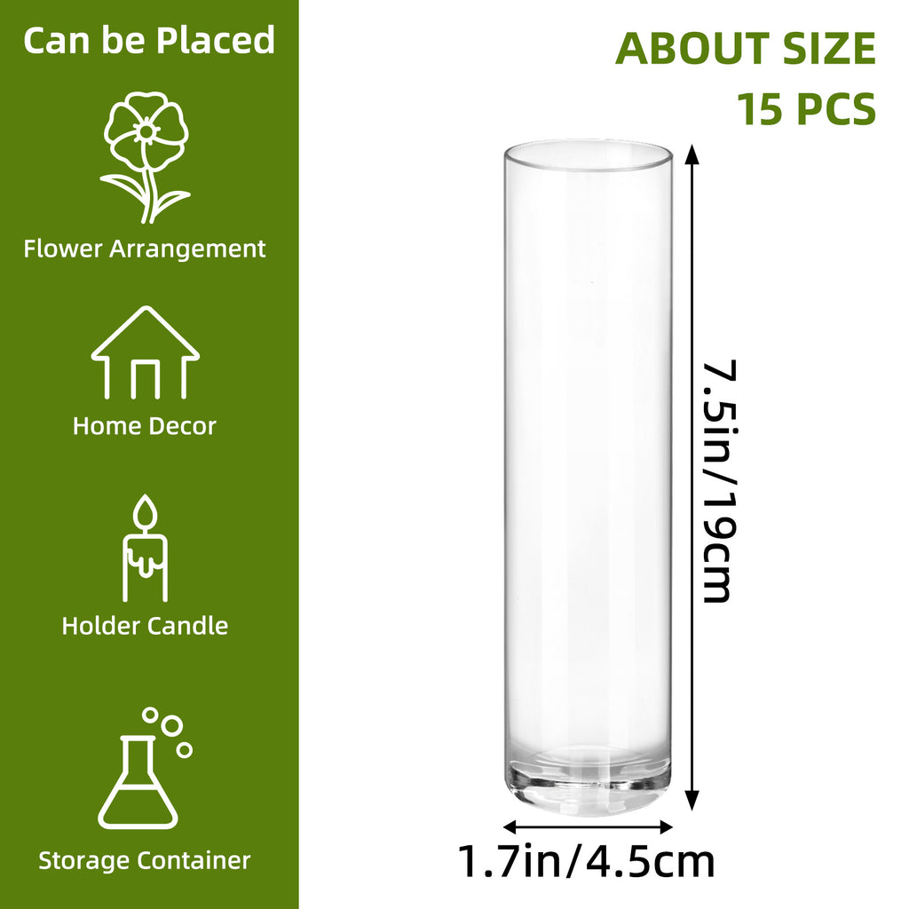 WHONLINE 15Pcs Clear Glass Cylinder Vases, 7.5 Inch Tall, Glass Flower Vase Centerpieces, Glass Flower Vase, Hurricane Floating Candle Holder Vase for Table Shelf, Party, Wedding, Home Decor, Collectible Buildings & Accessories