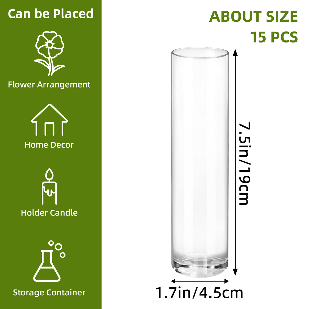 WHONLINE 15Pcs Clear Glass Cylinder Vases, 7.5 Inch Tall, Glass Flower Vase Centerpieces, Glass Flower Vase, Hurricane Floating Candle Holder Vase for Table Shelf, Party, Wedding, Home Decor, Collectible Buildings & Accessories