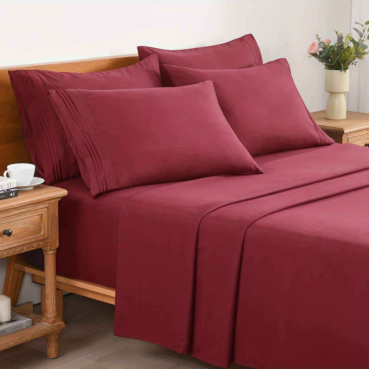 6pcs Summer Cooling Bed Sheet Set, 18 Inch Deep Pocket Ultra Soft Breathable Polyester Solid Color Bedding Three Embroidery 100 GSM Anti Fading Wear Resistant Wrinkle Free Easy Care Bedroom Home Decor
