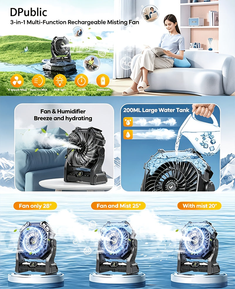 Rechargeable Misting Camping Fan, 20000mAh Portable Outdoor Fan with 4 Speeds, 200ml Water Tank, RGB Lighting and USB Output for Tent and Patio Use