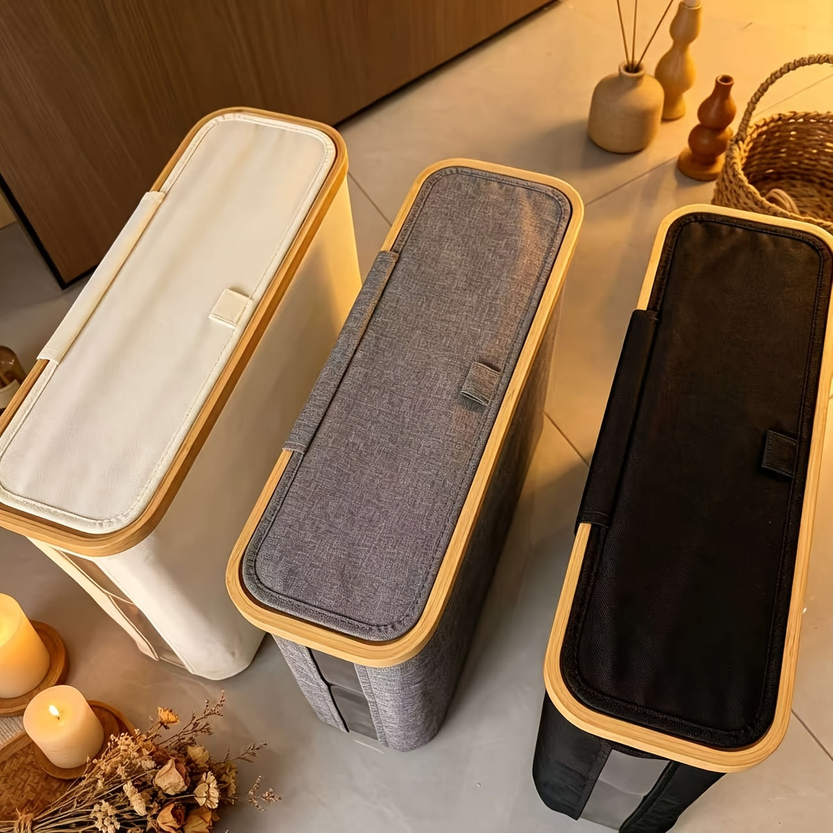 Large Capacity Bamboo Paper Towel Storage Basket | Holds 9-12 Rolls, Dustproof, Beautiful Toilet Paper Storage, 600D Oxford Cloth, Black, Beige, and Gray Colors, Suitable for Modern Fashion Bathroom, Toilet Paper Storage Containers