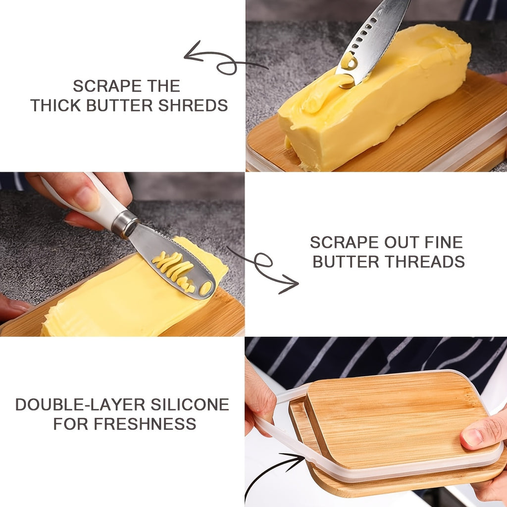 Iron Butter Tray with Bamboo Cover and Knife Large Capacity - Airtight Cheese Storage Box Kitchen Storage Items - Complete Colors - Mother's Day Thanksgiving Christmas Gifts Butter Storage Container Holiday Serving Elegant Durable
