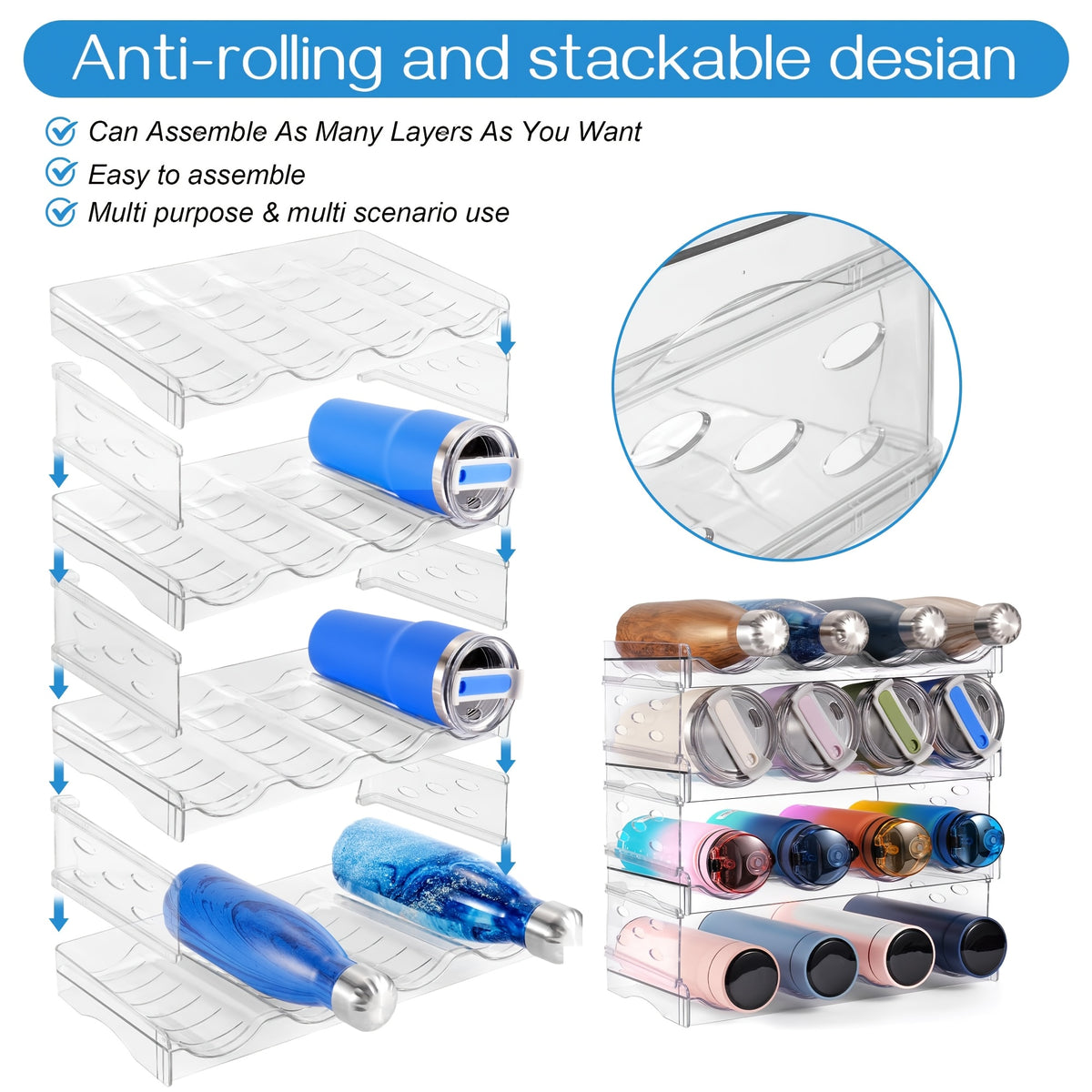 Stackable Water Bottle Organizer, Large Compartment Water Bottle Holder, 4 Tier Clear Water Bottle Organizer for Cabinet, Bottle Rack for Kitchen Organization And Storage - Hold 16 Bottles