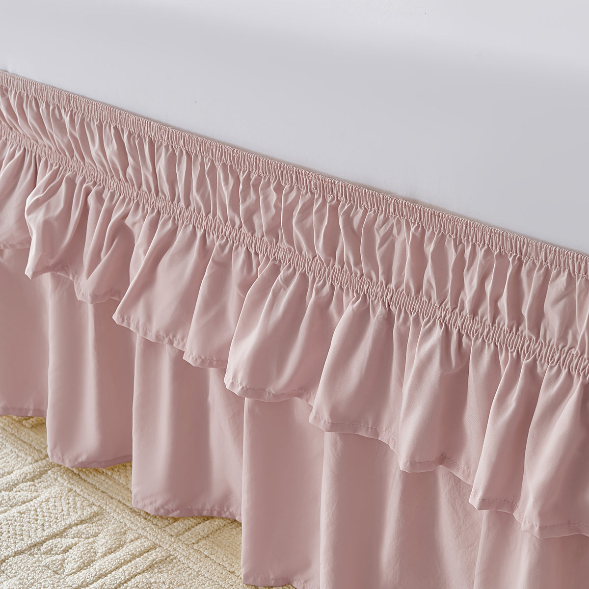 Double Ruffle Bed Skirt 16 Inch Drop, Elastic Wrap Around Bed Skirts For Twin Full Queen King Size Bed, Easy To Install Dust Ruffle, Machine Washable Soft Fabric, Multi Ruffle Bedskirt For Bedroom Bedding Home Decor