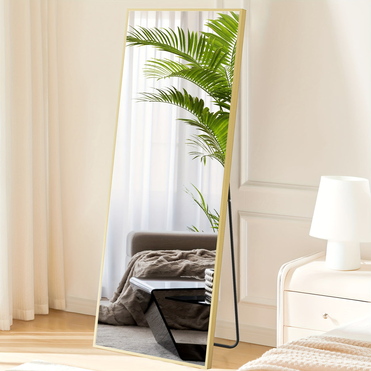 LED Lighted/Not-LED Lighted Full-Length Mirror with Arched/Rect Top - Aluminum Frame Floor-Standing Dressing Mirror for Bedroom & Living Room, Black/Golden/White