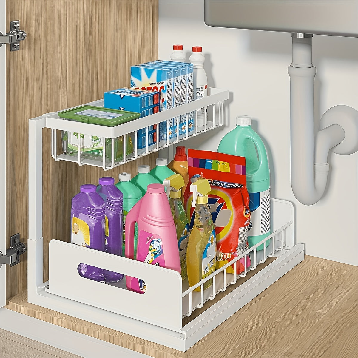1pc Kitchen Storage Rack for Sink Organization And Storage, Sink Organizer, Sliding Pull-Out Cabinet Organizer, Metal Sliding Drawer, for Kitchen, Bathroom, Refrigerator, And Cabinet Organization, Easy And Practical Essential Kitchen Storage Item