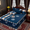 Double-Layer Ruffled Bed Skirt Set with 2 Pillowcases, 3-Piece Machine Washable Decorative Bedding in Peony and Deep Blue Designs for Bedroom Refresh