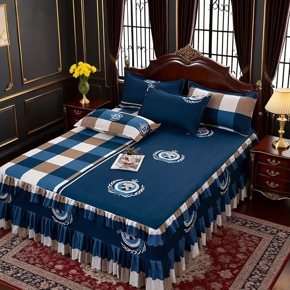 Set of 3 (1 Bed Skirt And 2 Pillowcases) Featuring a Double-Layered Hem, Adorned with a Plant And Flower Design. Includes a Dust-Proof Hem, Bed Sheet, Bed Cover, And Mattress Protector, All Machine Washable