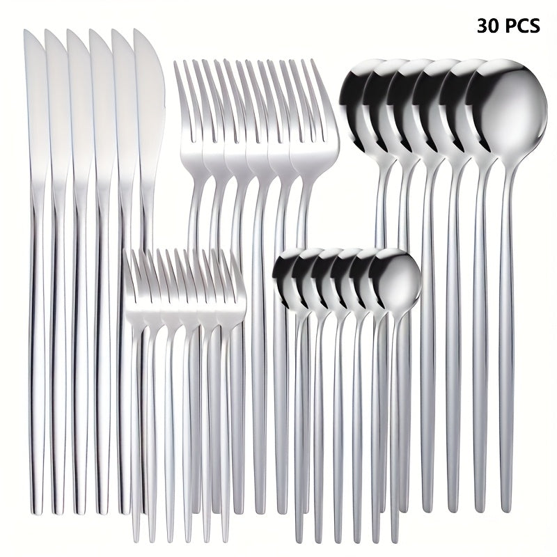 30/60pcs Stainless Steel Cutlery Set, Including Steak Knife, Fork, Spoon And Teaspoon, Dinner Fork, Dinner Spoon, Fruit Fork, Dessert Spoon, Coffee Spoon, Mirror Polished, Suitable for Family Restaurants, Hotels, Parties, Weddings, Copper Cutlery Se