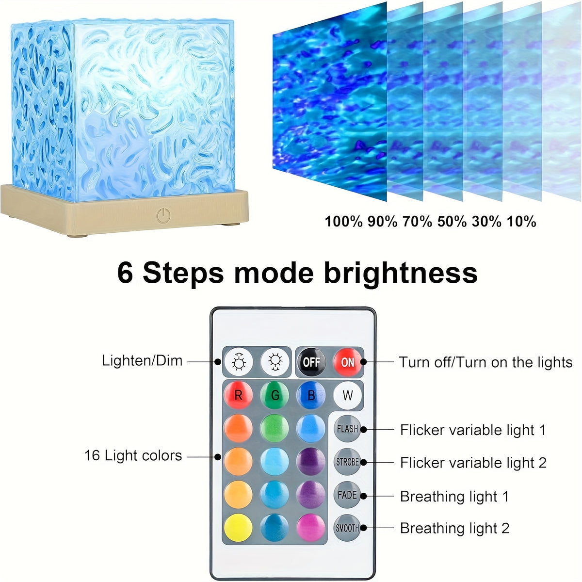 Ocean Wave Projector Light, 16-Color USB Plug-In Cube Lamp with Touch Switch for Water Ripple Bedroom Ambiance and Living Room Tabletop Decor