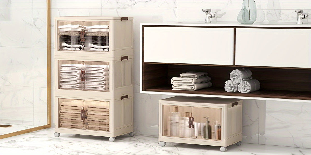 (19.29inch/29.53inch) White Foldable Storage Cabinet with Lid And Stackable Wheels - Clothes And Bedding. Space-Saving Wardrobe for Snacks And - Durable Organizer, Perfect for Bedrooms And Game Rooms, 2/3/4/5 Packs, Etc