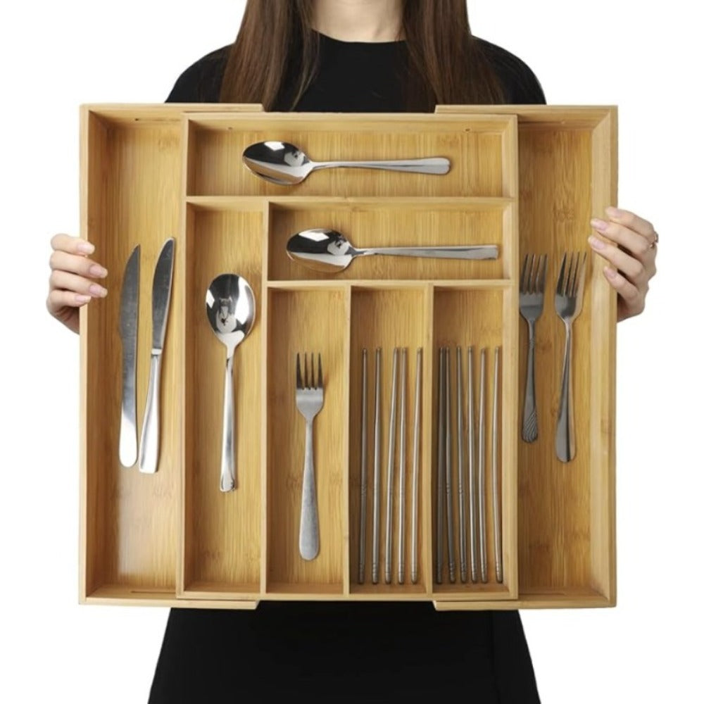 Expandable Bamboo Drawer Organizer - Adjustable Silverware Tray, Cutlery And Utensil Holder for Kitchen Drawer, Multi-Use Storage Tray for Office, Home