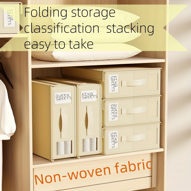 Bed Sheet Organizer Boxes, 4-Pack Foldable Linen Storage with Clear Windows and Labels in Oxford or Nonwoven Fabric for Closet Shelves and Bedding