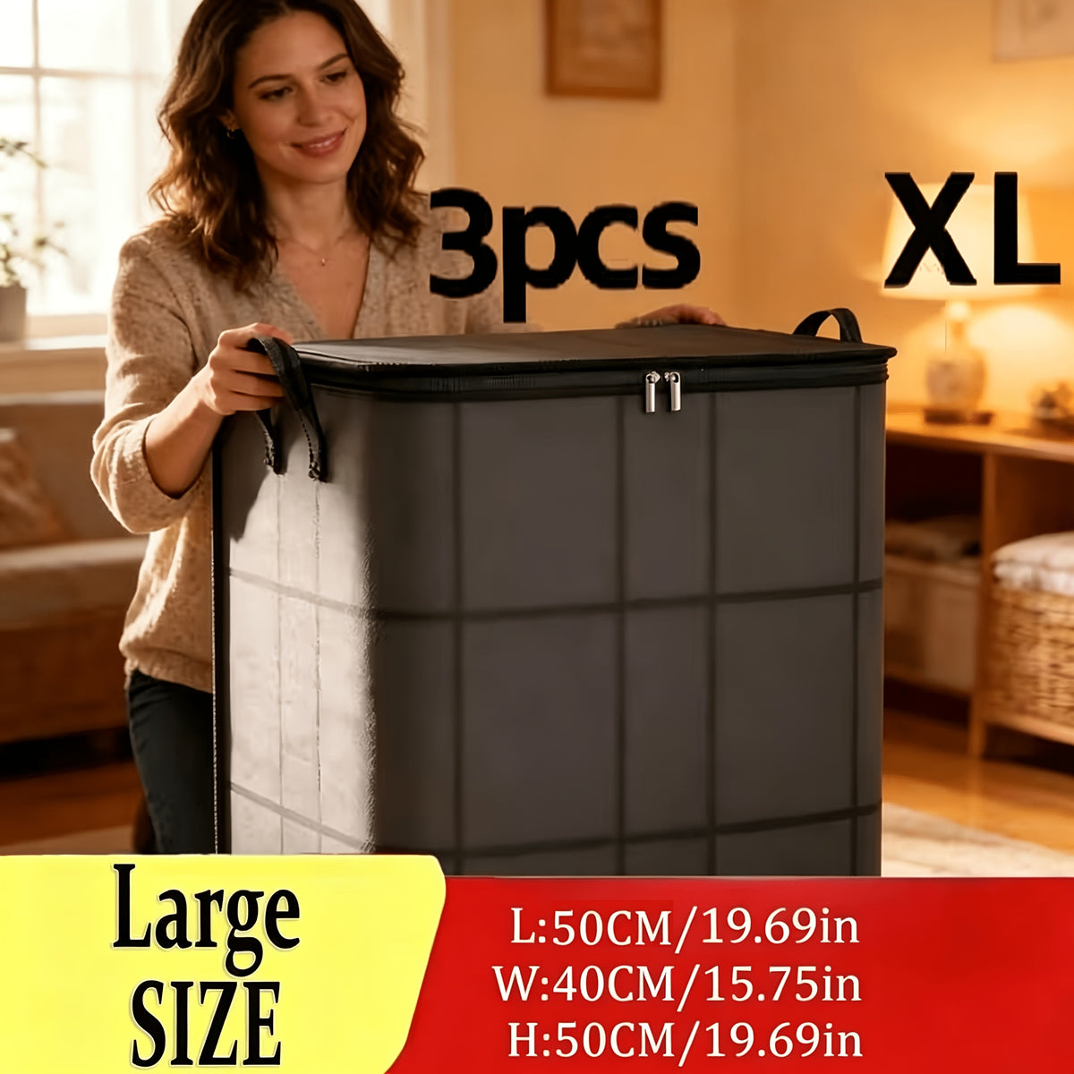 3 Pack Large Clothes Storage Bags, Foldable Wardrobe Storage Bag, Large Capacity Storage Box, Household Double Zipper Organizer Bag with Handles for Clothes And Quilts, Suitable for Moving, Travel, Storage Basket, And Under-Bed Storage Bag