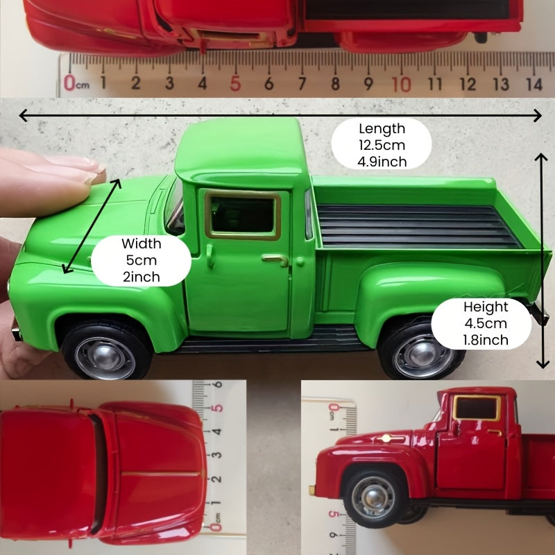 1pc Vintage Alloy Metal Pickup Truck Ornament -4.9*2*1.8 Inch Classic Car Model With Chrome Accents, Doors & Hood, - Ideal For Home & Office Decor--Red/ Blue/ Pink/ Green/ White/ Yellow/ Black Truck - Toy Truck, Alloy Metal Toy Car, Die Cast Car