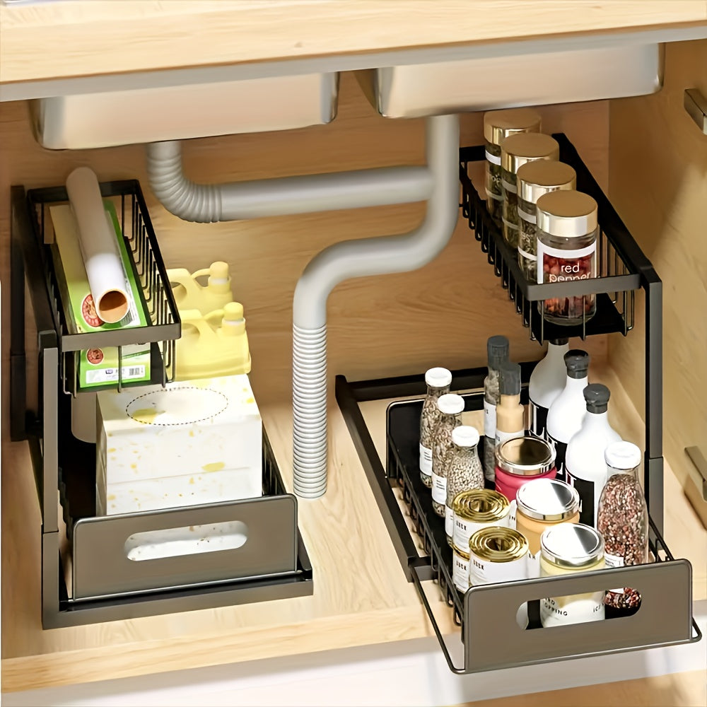 Two-Tier Under-Sink Organizer Featuring a Sliding Drawer, Metal Pull-Out Storage Rack for Kitchen, Bathroom, Or Closet, Designed for Space Efficiency And Easy Access