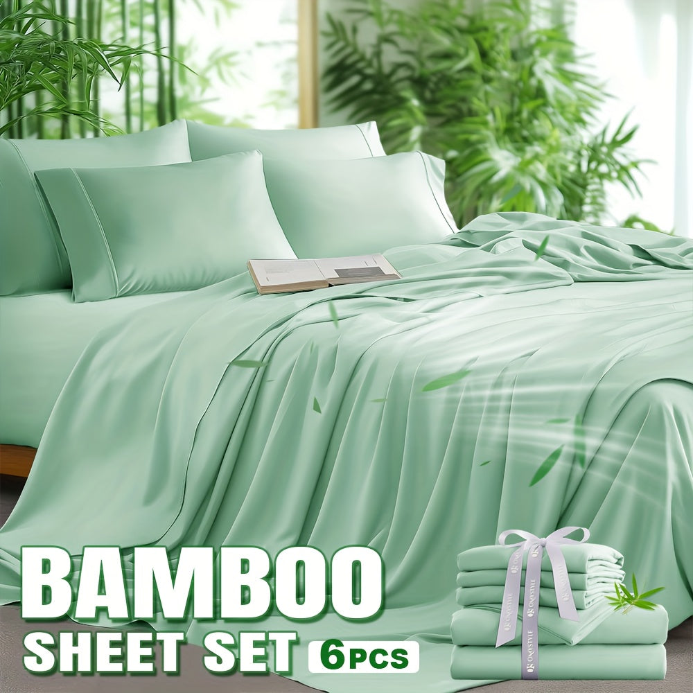 6pcs Bamboo Blend Bed Sheet Set-Flat Sheet, Fitted Sheet And 4 Pillowcases, Luxury Breathable Sheet Set, Ultra Soft Sheet for Hot Sleepers, Deep Pocket, King/Queen/Full/Twin