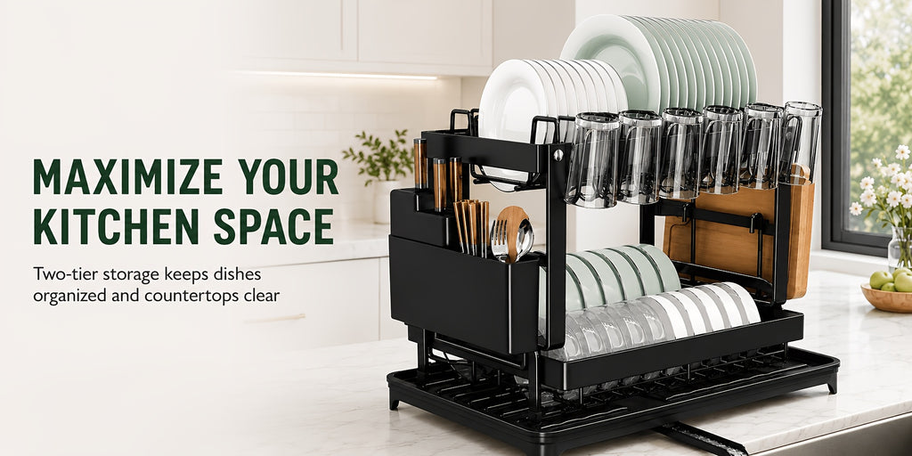 Two-Level Dish Drying Rack for Kitchen Surfaces, Dish Drainer with A Drainboard, Metal Kitchen Dish Holder with Drainage, Two-Tier Kitchen Drying Rack, Black Dish Holders, Standing Shelf Units, Standing Shelf
