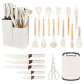 Silicone Utensil and Knife Set, 19 Piece Kitchen Tool Collection with Wooden-Handle Cooking Utensils and Storage Holder in Six Color Options