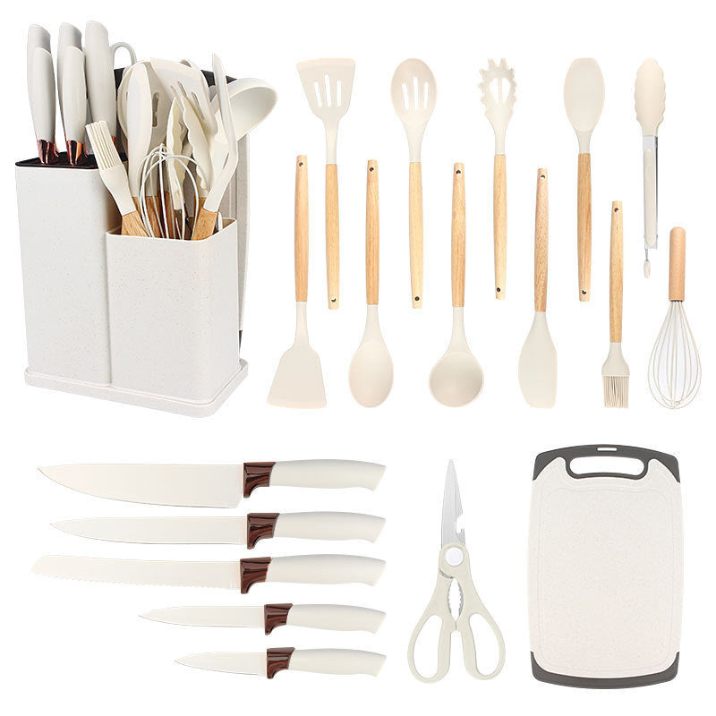 19pcs Non-Stick Silicone Cookware Set with Bamboo Storage Containers And Knives - Heat-Resistant Pots, Pans, Utensils - Kitchen Tools for Frying, Boiling - for Induction Stovetops And Ovens (Wooden Handle)