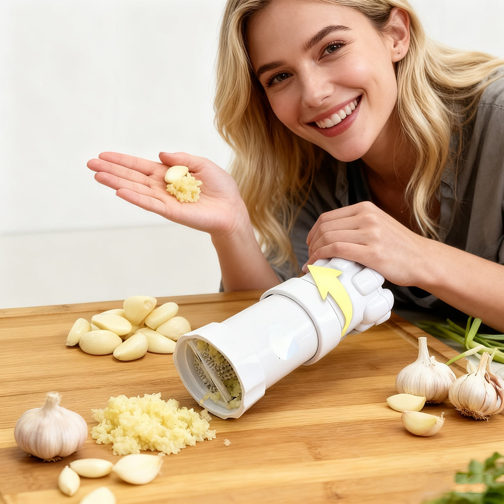 5-in-1 Heavy-Duty Garlic Press with Stainless Steel Blades and Ergonomic Handle - 5-in-1 Multi-Functional Food Processor for Crushing, Chopping, Peeling, Mincing, and Blending - Dishwasher Safe, Space-Saving Design with Ergonomic Lever System