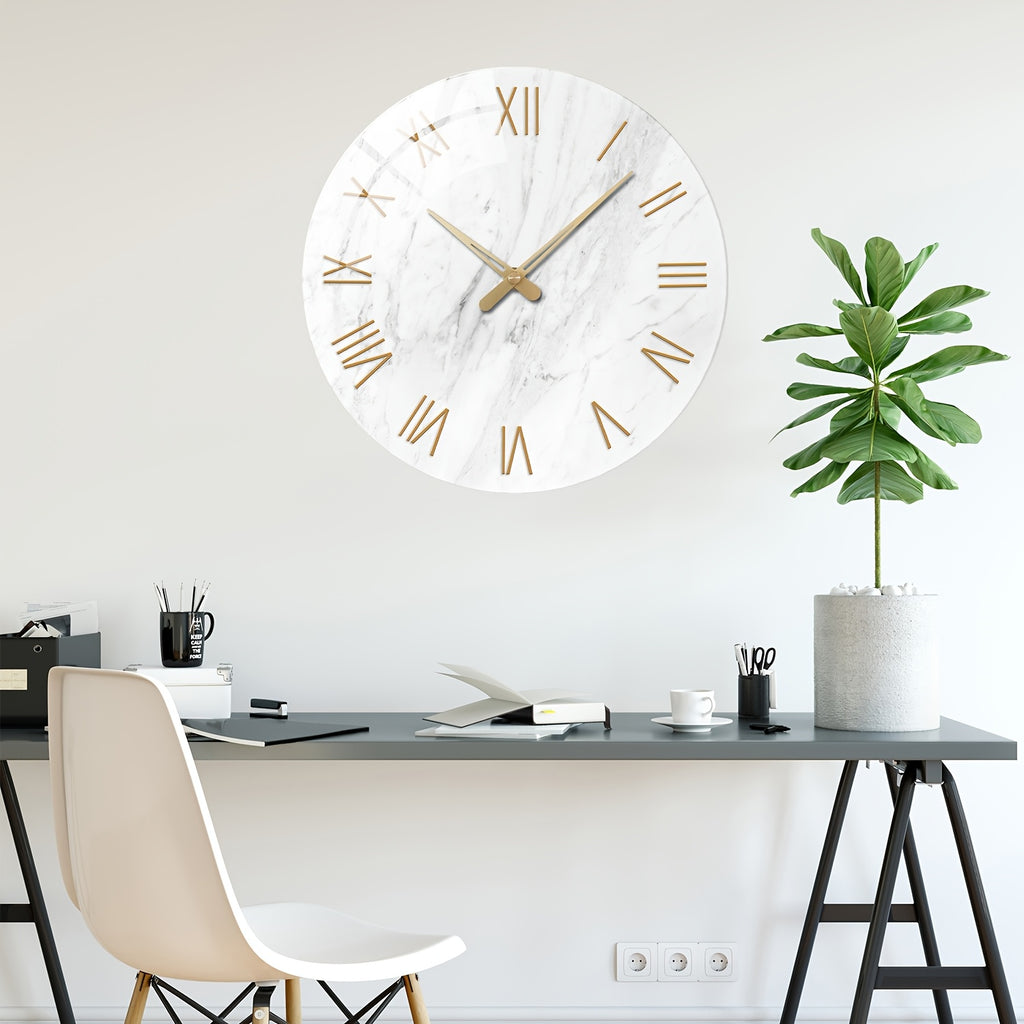 Modern White Tempered Glass Large Wall Clock - 4mm Thickened, 12-24 Inch Marble Texture Silent Clock, Large Size, Battery Powered, Handcrafted, Suitable For Living Room, Aesthetic Room, Bedroom, Office Decorative Clock, Ideal Gift