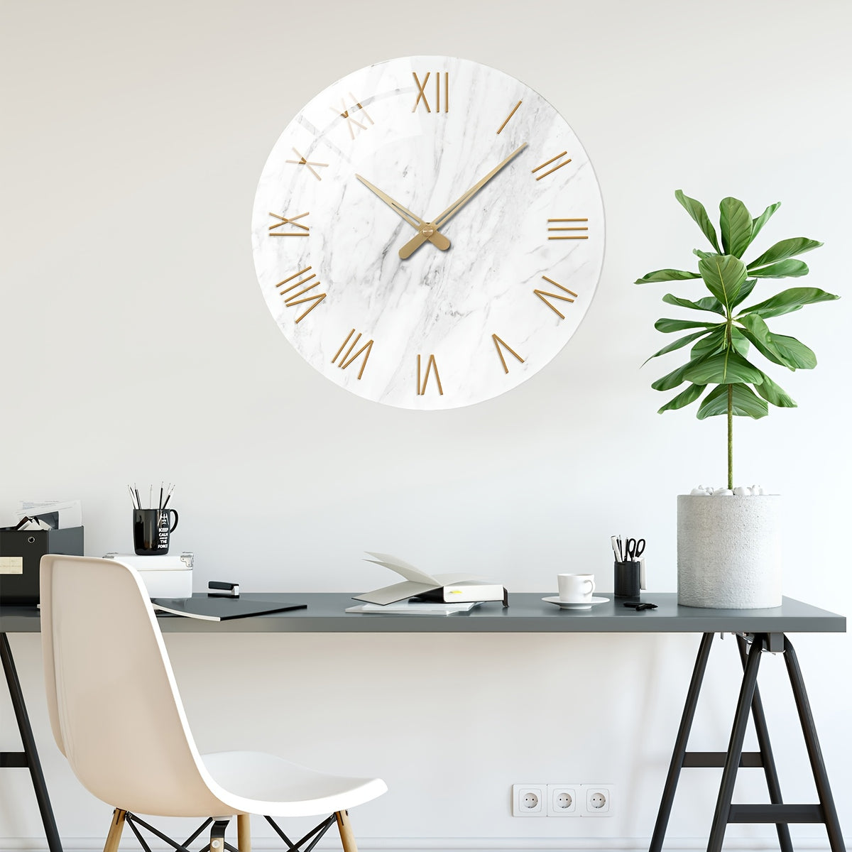 Modern White Tempered Glass Large Wall Clock - 4mm Thickened, 12-24 Inch Marble Texture Silent Clock, Large Size, Battery Powered, Handcrafted, Suitable For Living Room, Aesthetic Room, Bedroom, Office Decorative Clock, Ideal Gift