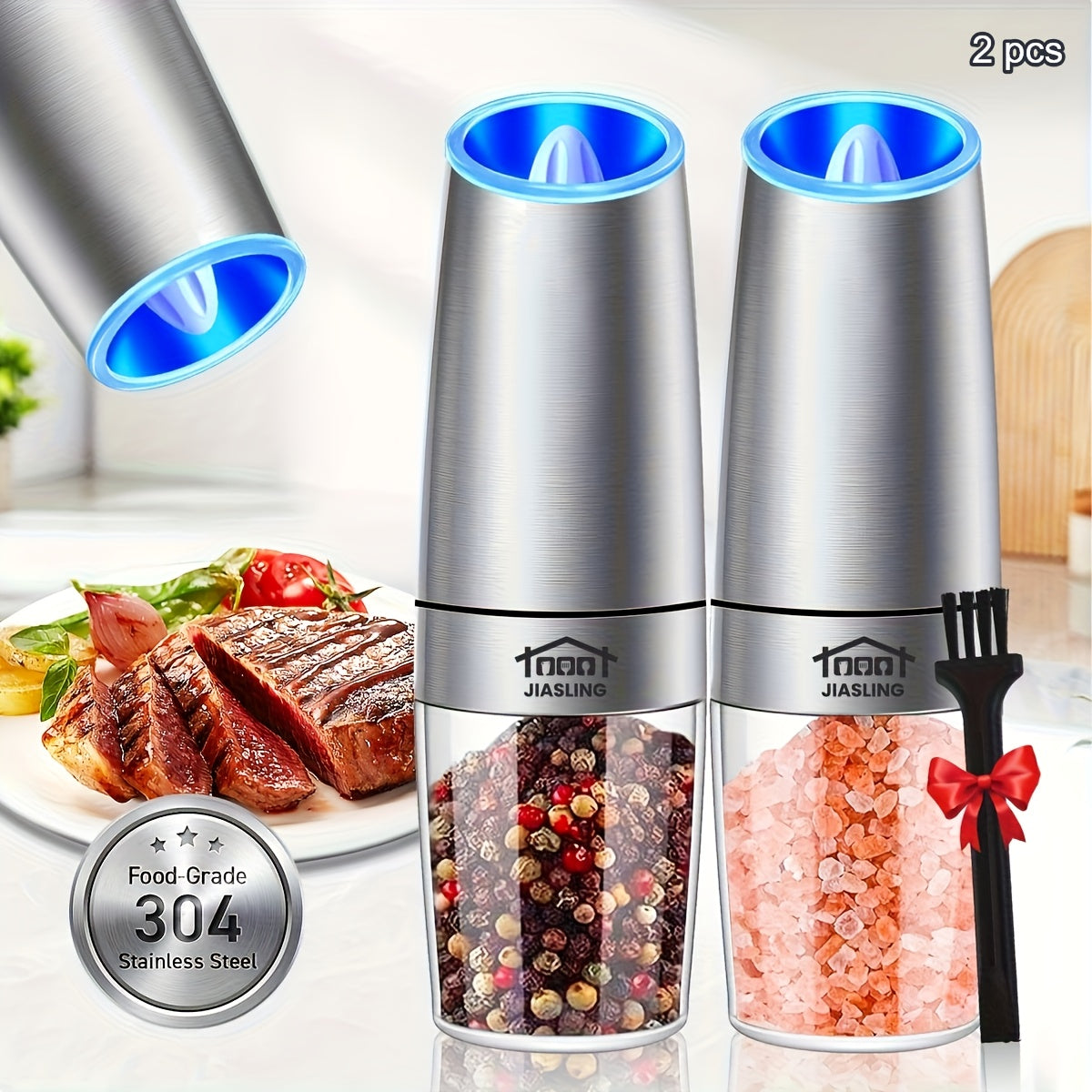 2pcs JIASLING Salt And Pepper Grinder Electric 2pcs Electric Battery Salt And Pepper Grinder Set Gravity Electric Salt And Pepper Grinder Set Salt And Pepper Shakers Set Large Capacity with LED Light Multiple Color Options Kitchen Gift