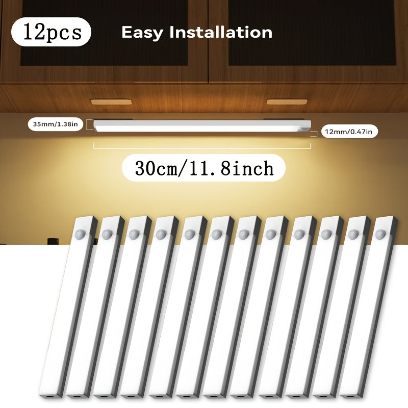 12-Pack Motion Sensor Under Cabinet Lights, USB Rechargeable Wireless LED Closet Lights, 3 Modes, Stick-On Night Lights for Kitchen, Bedroom, Stairs, Wardrobe, Pantry