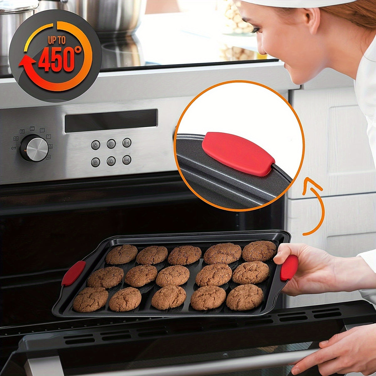 3pcs Carbon Steel Non-stick Kitchen Oven Baking Pan, Luxurious and Fashionable Non-stick Inside and Outside, Commercial Grade Restaurant Quality Metal Baking Pan, with Red Silicone Handle