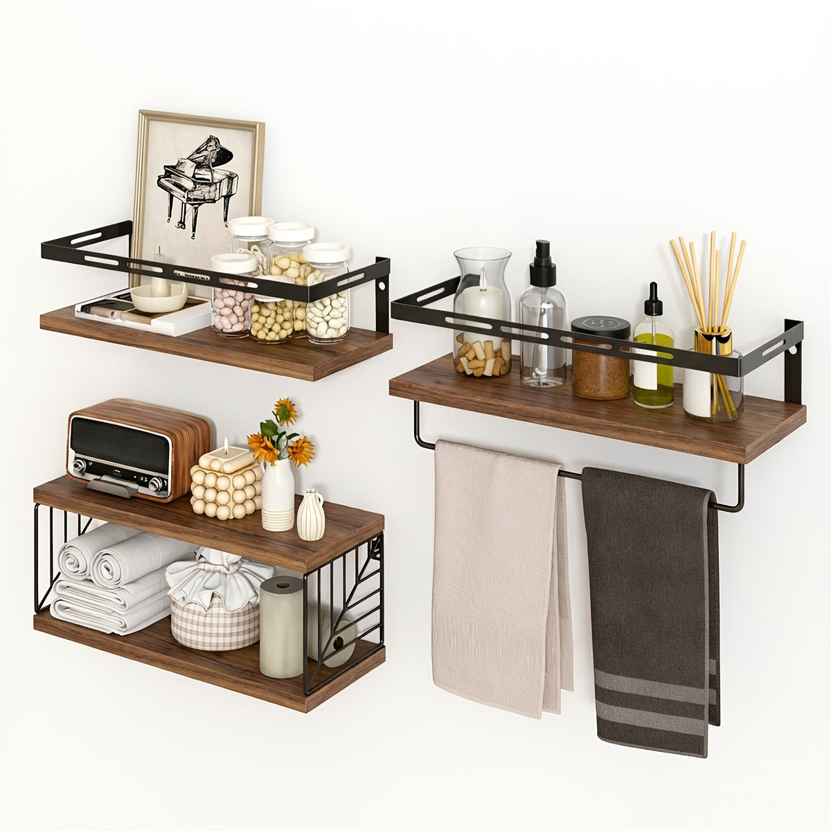 TOMNK 3+1 Tier Wall-Mounted Shelf with Black Metal Guardrails and Storage Baskets, Sturdy and Durable, Space-Saving, Multi-Functional Home Decor, Suitable for Kitchen, Bathroom, Bedroom, Living Room, Small Indoor Spaces, Wall Decoration
