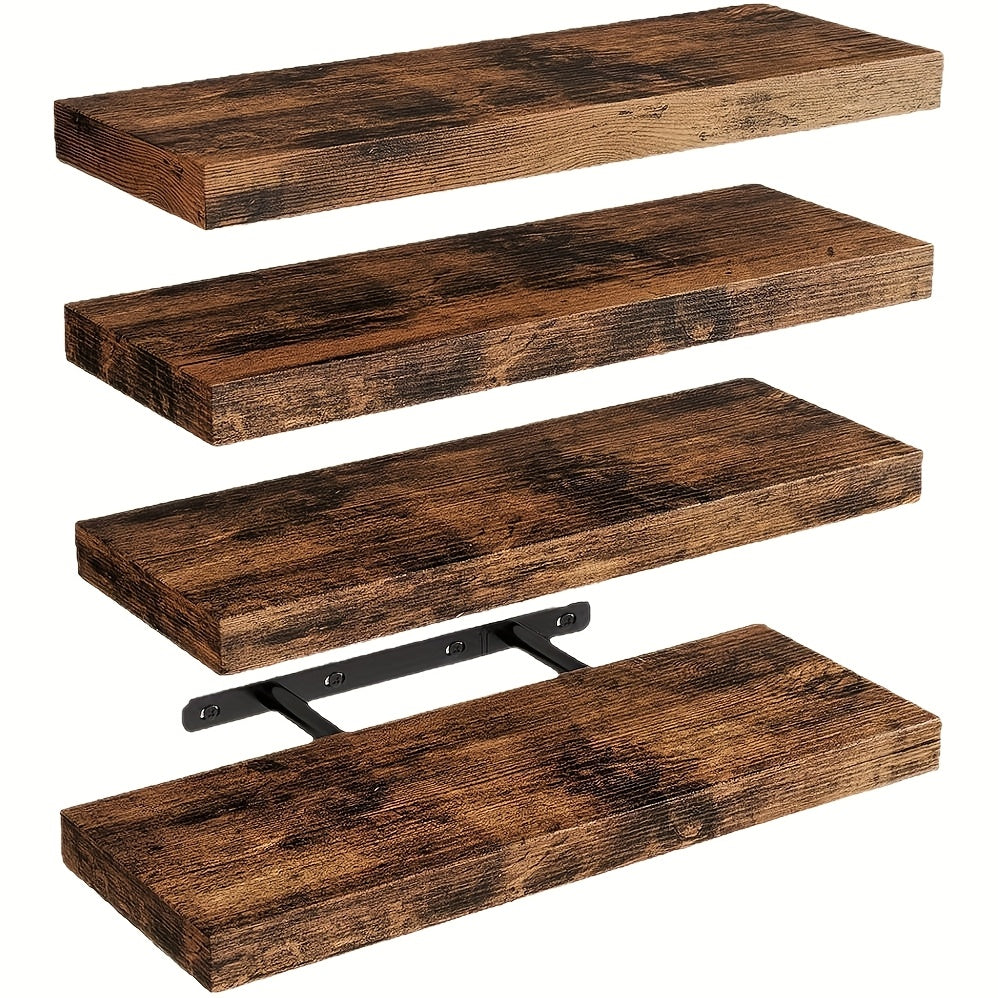 4pcs 15.8in Floating Shelves for Wall, Brown Wall Mounted Shelf with Invisible Shelf Bracket, Wall Shelves for Bathroom, Living Room, Bedroom, Kitchen, Office Decor