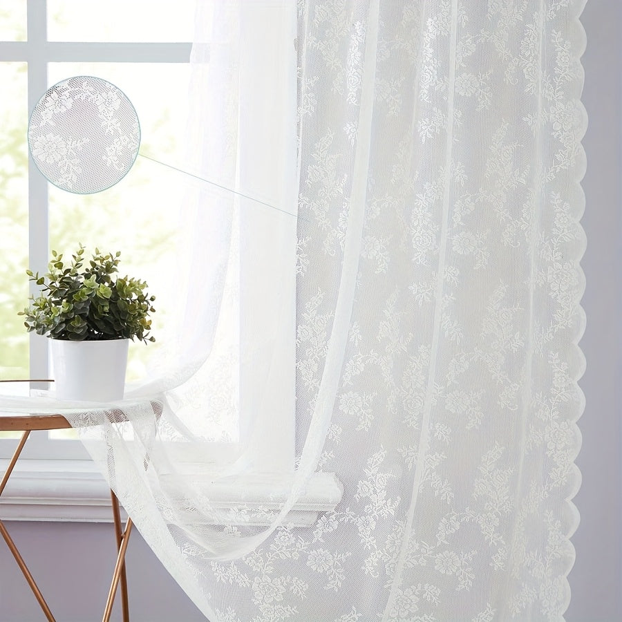 1pc White Lace Door Curtain with Wave Edge, Semi-Sheer Polyester Rod Pocket Curtain for Home And Outdoor Use, Vintage Style with Floral Pattern, Semi-Sheer Curtains | Vintage Curtain Design | Embroidered Detailing