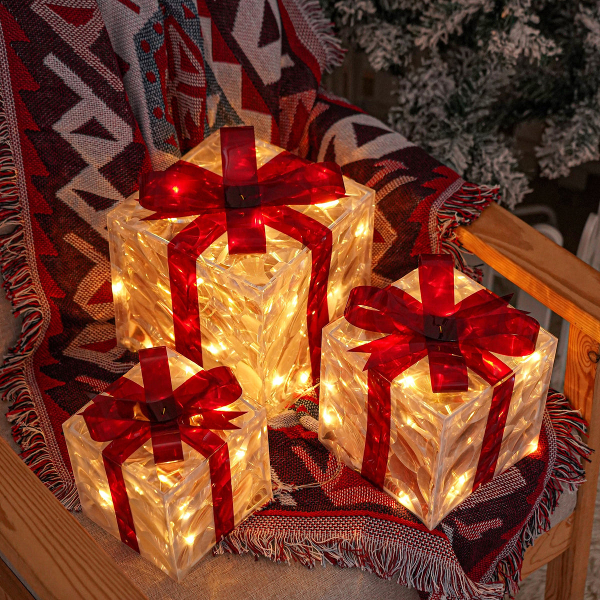 A Set Of 3 Christmas Color Boxes, USB/battery Dual Power Supply, 8 Lighting Modes, 8-hour Timer, Warm White Christmas Color Box, Gift Box with Red Bow for Christmas Tree, Home Decoration, Christmas Day Decoration, And Christmas Outdoor Decoration