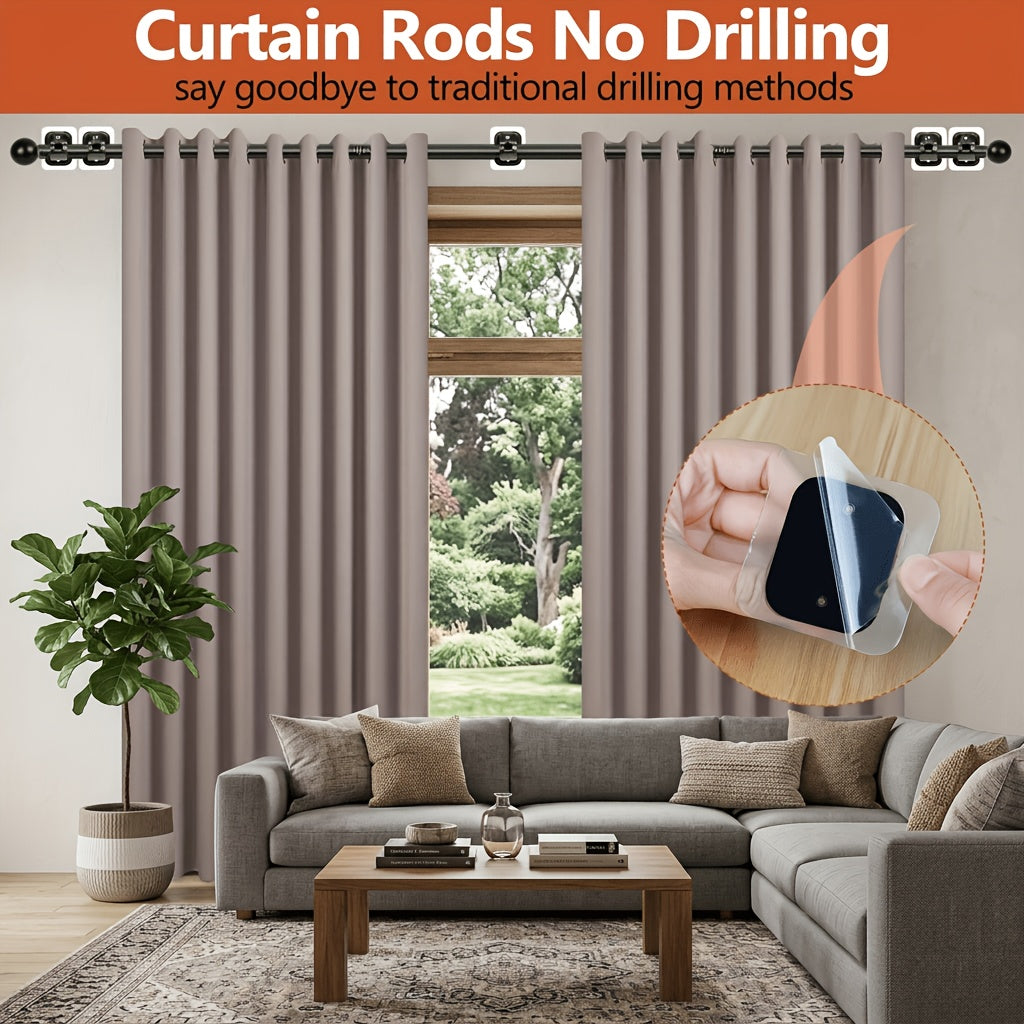 Curtain Rods No Drilling for Windows Set 32 to 48 Inch, 5/8 Inch Diameter Drapey Pole with No Drill Curtain Rod Brackets, Renter Friendly Cortineros Para Ventanas with Adhesive Holder Hook (Black)